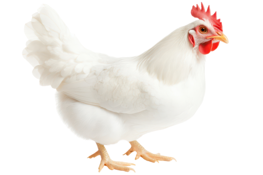 White Chicken Portrait: A pristine white chicken stands majestically, showcasing its smooth feathers and vibrant comb.  The bird's posture conveys a sense of calm confidence.
