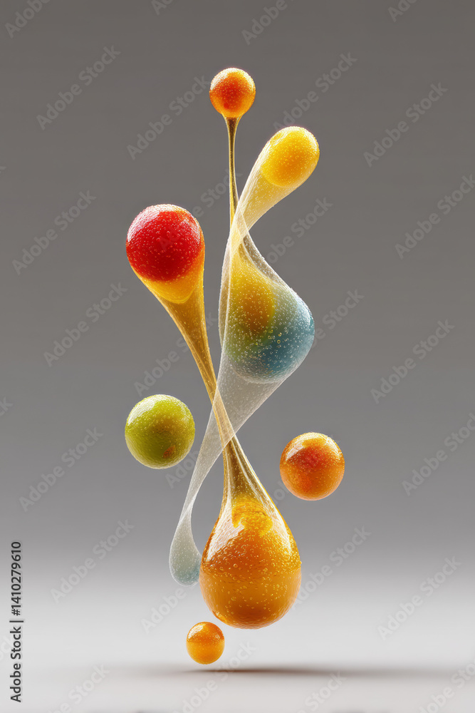 Poster abstract 3d render of colorful liquid shapes colliding in space.