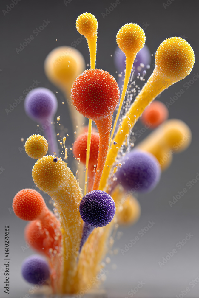 Poster abstract 3d render of colorful liquid shapes colliding in space.