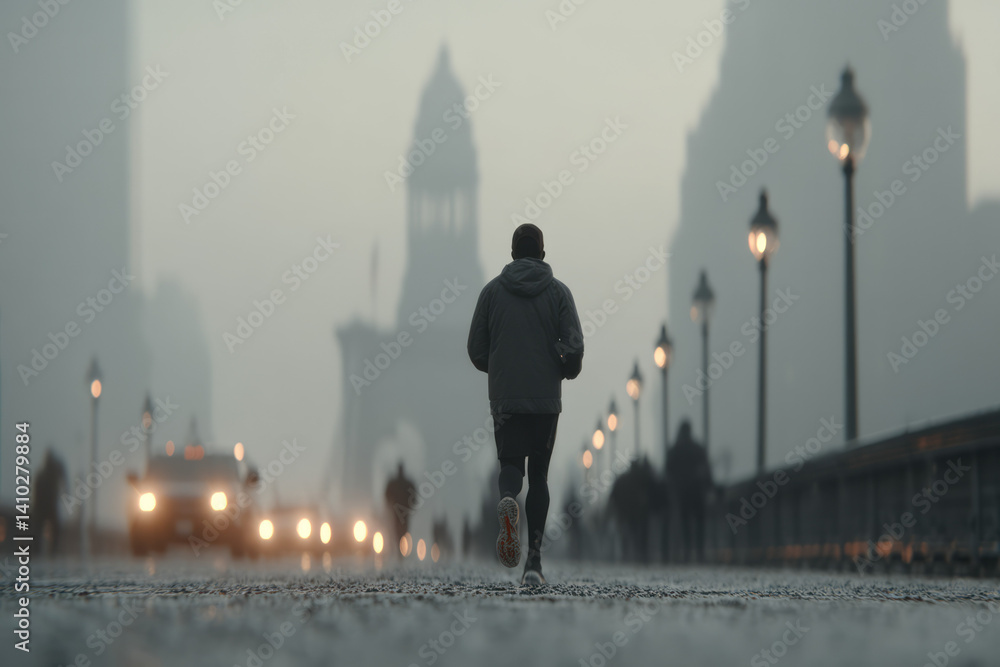 Poster man running across a bridge with city skyline in the background.