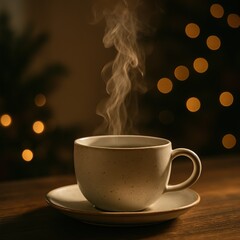 Obraz premium Steam Rising from Coffee Cup in Cozy Holiday Setting with Bokeh Lights and Warm Atmosphere