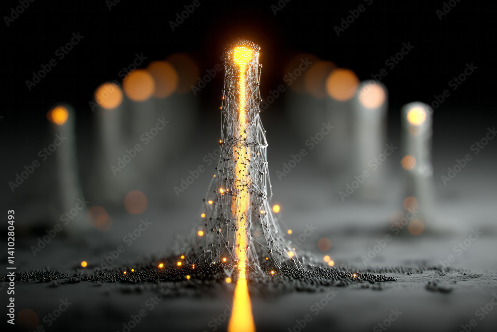 Poster ai-generated data stream flowing through a digital grid with glowing particles.