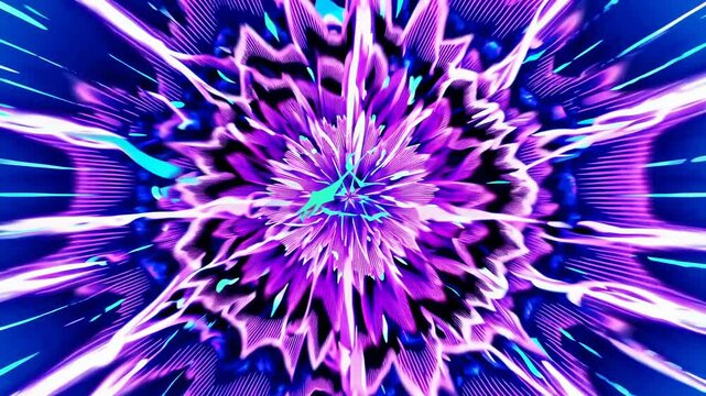 Abstract video art with a kaleidoscopic design in vibrant blues, greens, and purples. Top-down angle creates a dynamic, symmetrical explosion effect. Live desktop wallpaper.
