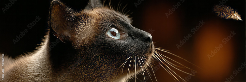 Poster a siamese cat gazing curiously at a floating feather.