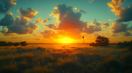 Vibrant Sunset Over a Golden Field