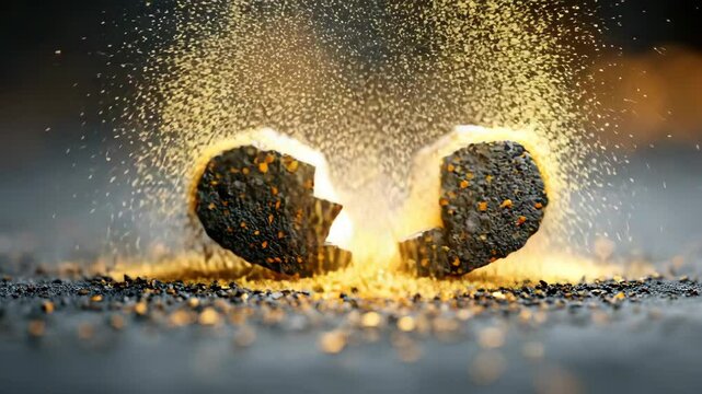 Cracked stone heart exploding into golden dust, symbolizing breakage, destruction, or intense emotional release on dark surface.