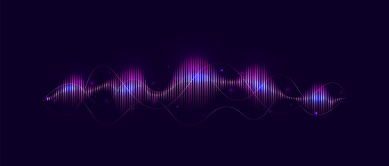 Pink neon sound wave on dark background, AI voice assistant visualization, Sound wave equalizer, Vector illustration.