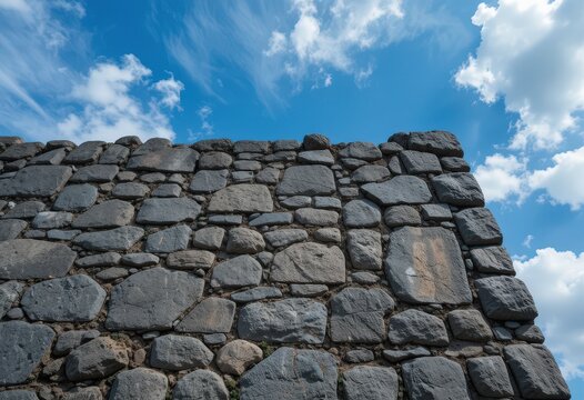 A weathered stone wall, adorned with various sizes of rugged rocks, showcases a blend of earthy tones. Lush green moss clings to the crevices, adding a touch of nature's beauty. - Powered by Adobe