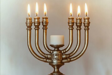 Gold menorah with lit candles against a soft neutral background, celebrating a festive occasion