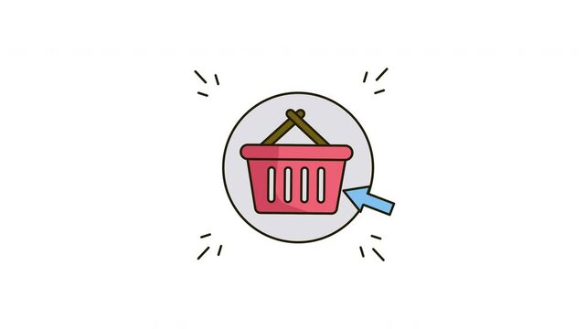 animation Red shopping cart with a blue arrow pointing to it.