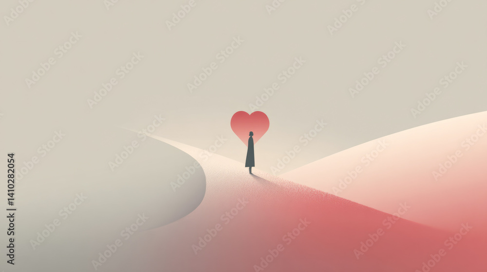 Poster a minimalist design focusing on a single figure and a heart form dissolving into the landscape,