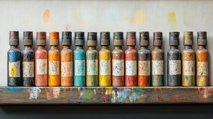 Colorful paint bottles arranged on a shelf with a textured background of paint splatters