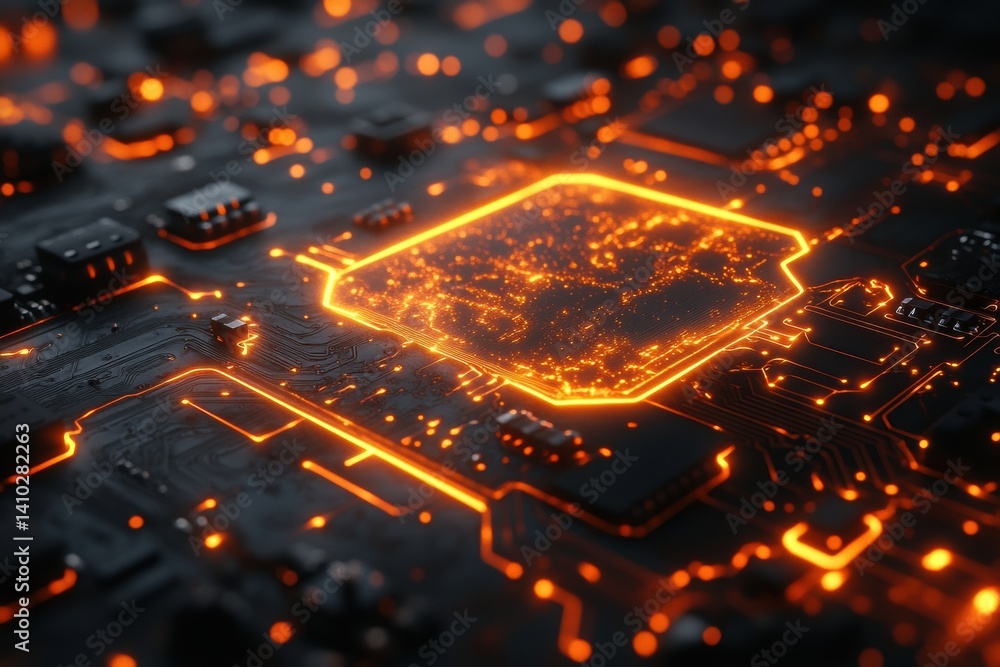 Fototapete A close-up view of a computer chip with glowing orange lines and dots