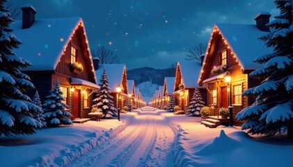 Snowy village street at night with decorated houses and lights, winter, snowflakes, winter wonderland