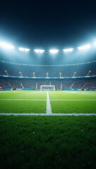 Obraz premium An Empty stadium at night with the field under a stadium light, with a clear view of the goal. This photo captures the excitement and anticipation of a major game