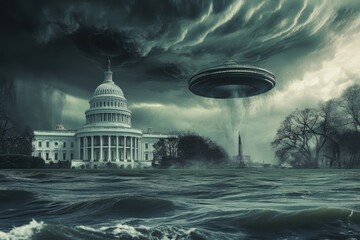 UFO hovers above the Capitol building amid ominous stormy skies and high water