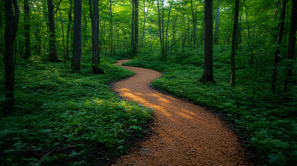 Obraz premium Winding Forest Path With Sunlight Through Trees