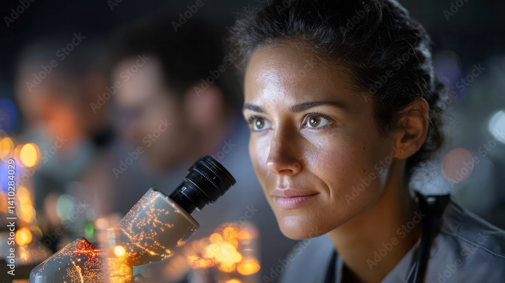 Poster female scientist working with microscope in bright lab.