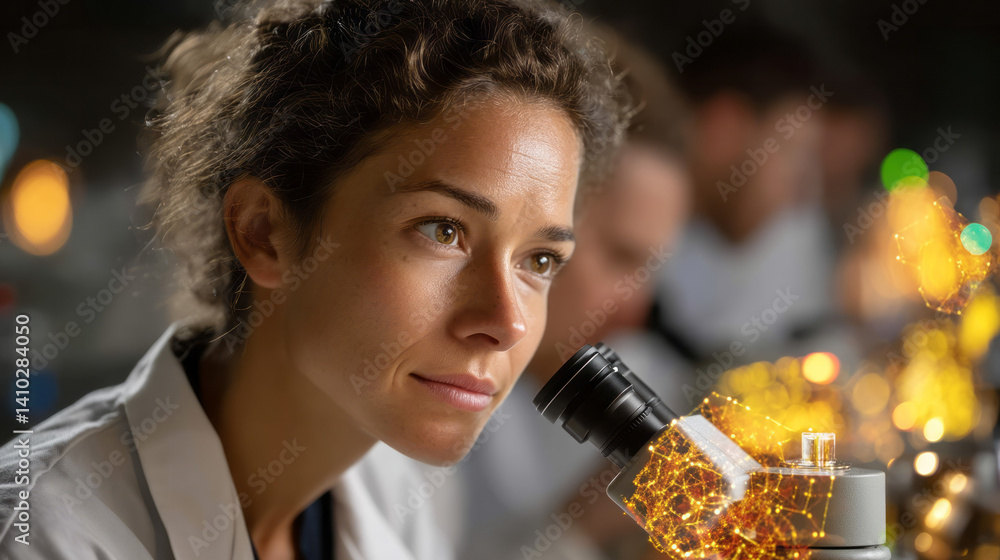Poster Female scientist working with microscope in bright lab. 