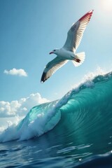 Fototapeta premium Seagull soaring above a turbulent ocean wave with foamy surf , seagulls, wildlife, ocean