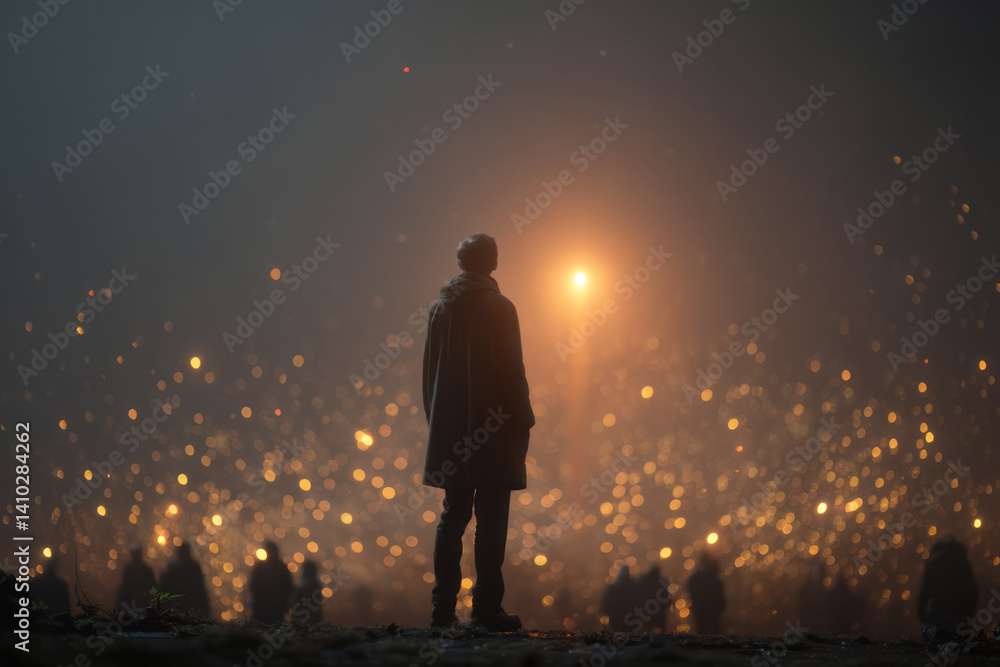 Poster man standing on a rooftop watching fireworks in the distance.