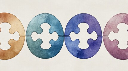neurodiversity symbolism, a pattern with the rainbow infinity symbol, pastel puzzle pieces, and gentle flowing shapes in a soft watercolor style, represents neurodiversity and unity