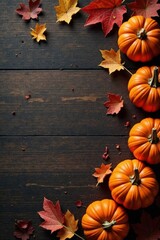 Warm autumnal pumpkin decor on rustic dark wood background , dark wood, leaves, cozy