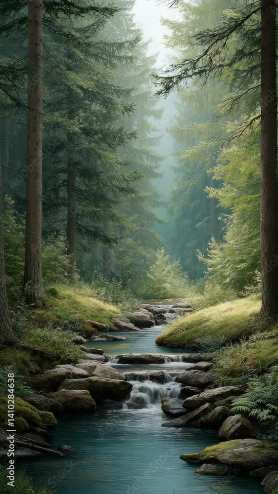 Aufkleber peaceful scene of a creek flowing through a dense forest surrounded by tall fir trees and soft light