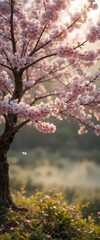 Fototapeta premium A vibrant tree adorned with delicate pink blossoms stands prominently in the foreground, its lush green leaves contrasting beautifully with the soft petals, creating a picturesque spring scene.