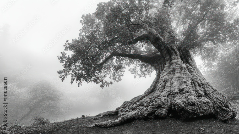 Poster a large and old tree covered with fog in a forest