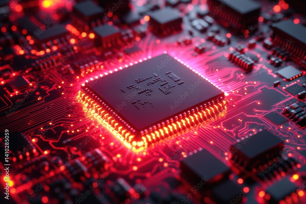 Fototapete Microchip on a Circuit Board: A Close-Up View of Computer Hardware Components
