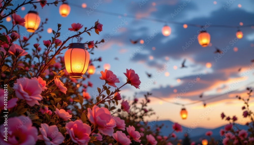 Aufkleber dreamy floral lantern escape: create a whimsical composition of oversized flowers and lanterns float
