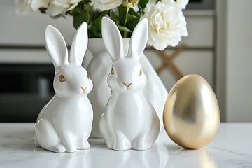 Obraz premium Elegant ceramic bunny sculptures with a golden Easter egg displayed on a white marble table. 