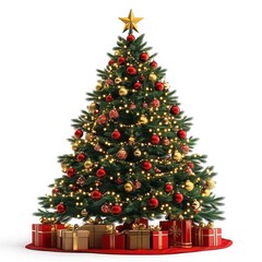 Decorated christmas tree with gifts isolated on white background