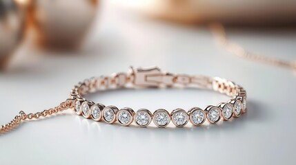 Handcrafted tennis bracelet with ovalcut diamonds in a bezel setting, isolated on a polished white surface