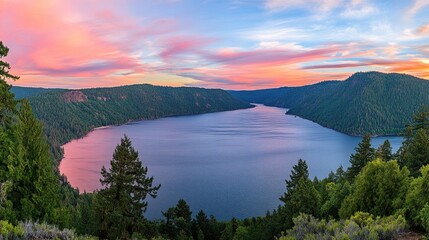 Panoramic view of a serene lake at sunset, framed by lush forests and mountains.
