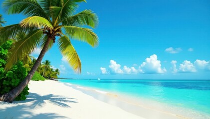 Palm tree on white sandy beach in tropical island, Palm Tree, Vacation