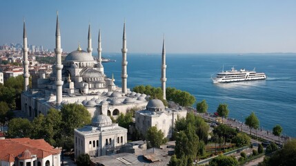 Scenic View of Historic Mosque with Boats on Blue Water in Istanbul