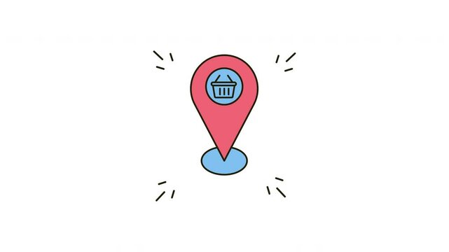 animation Of a red and blue location pin with a shopping basket inside.