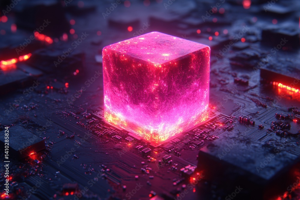 Poster a pink cube on a circuit board with red lights and blue background