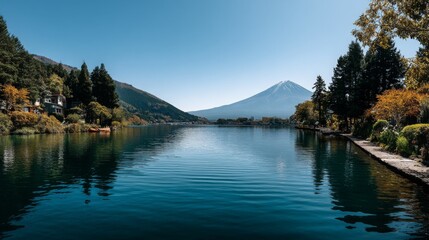 Obraz premium Serene Lake View with Mountain Landscape under Clear Blue Sky