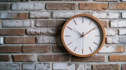 A wooden framed wall clock is mounted on a brick wall