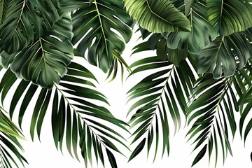 Lush tropical leaves on white background create vibrant, natural frame