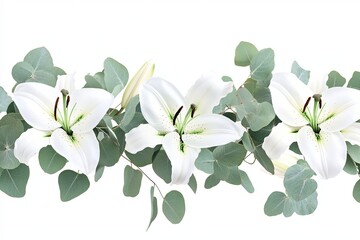Fototapeta premium Elegant white lilies and eucalyptus leaves arranged in a beautiful horizontal border on white