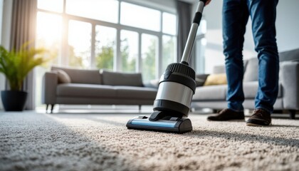 Fototapeta premium Young adult male vacuuming living room with modern vacuum cleaner.