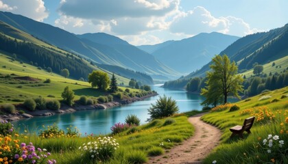 Fototapeta premium Misty River Valley: Create an enchanting river valley scene where hills gently slope down to a misty river, featuring a bench along the trail.