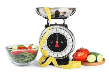 Kitchen scales, products and measuring tape isolated on white