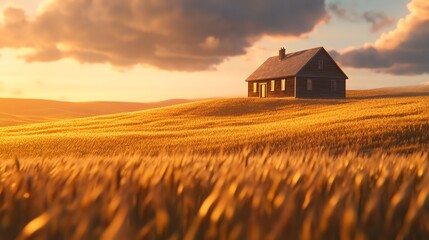 House on Golden Field at Sunset Peaceful Rural Landscape Scene
