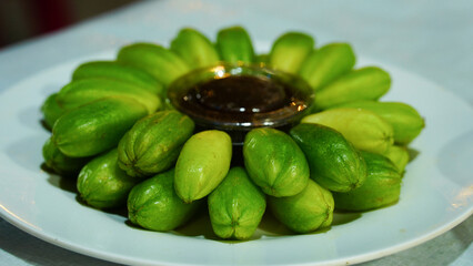 Close-up of native fruits at a tourist attraction in Thailand, Chiang Khan Walking Street.