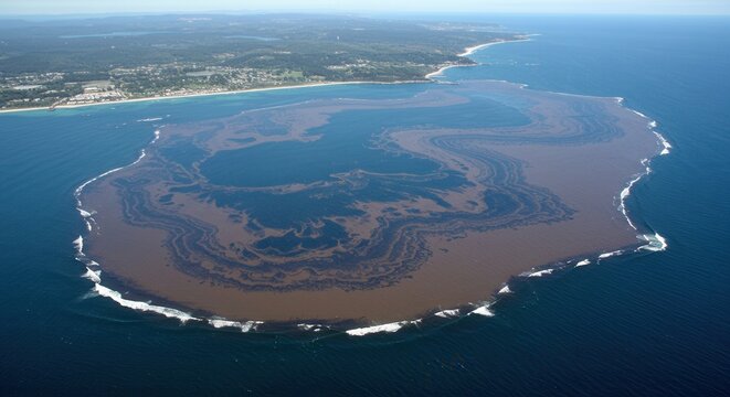 Aerial view of brown algal bloom in coastal waters near lush landscape.
